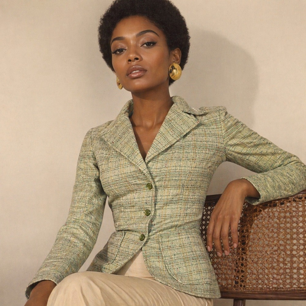 Vintage Handmade Pastel Green Tweed Blazer Fitted Tailored Jacket Chic‎ Womens M